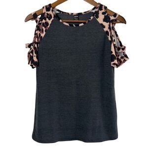Gray knit top with leopard print short sleeve design and cutout sleeves Medium